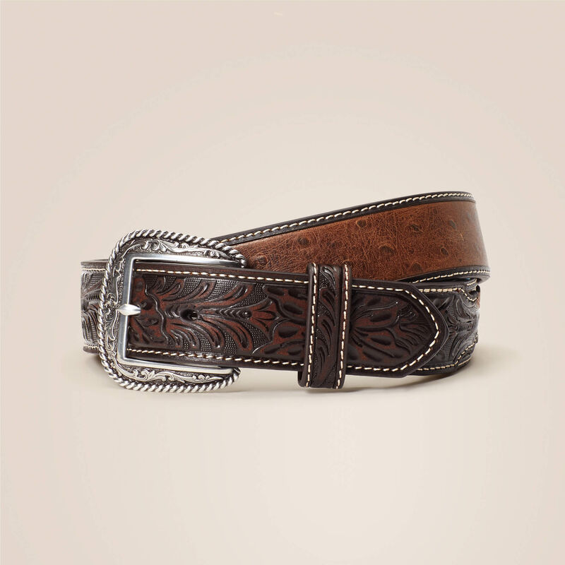 Ariat 1.5" Ostrich Print Tooled Brown Belt