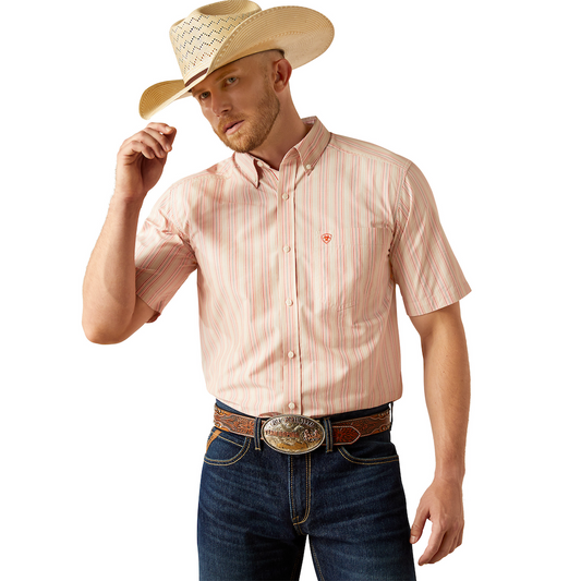 Ariat Men's Short Sleeve Pro Series Classic Fit Khaki and Pink Stripe Shirt