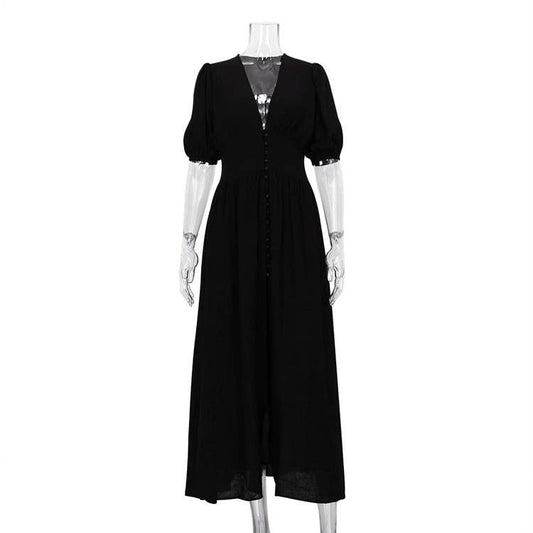 Sweetkama Ladies Solid Color V-Neck Open Casual Dress Black