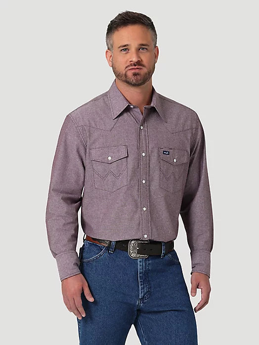 Wrangler Men's Long Sleeve Shirt - Chambray Port Burgundy