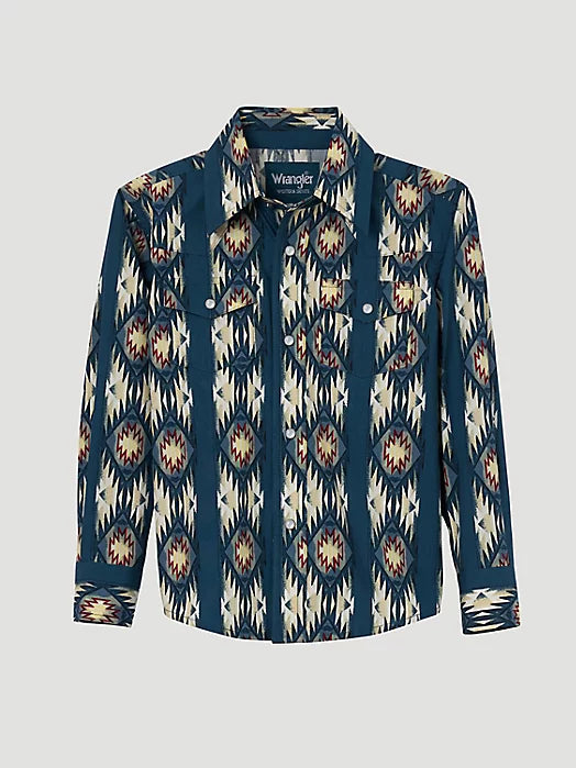 Wrangler Boy's Long Sleeve Shirt Checotah Print Snap Front in Deep Turquoise