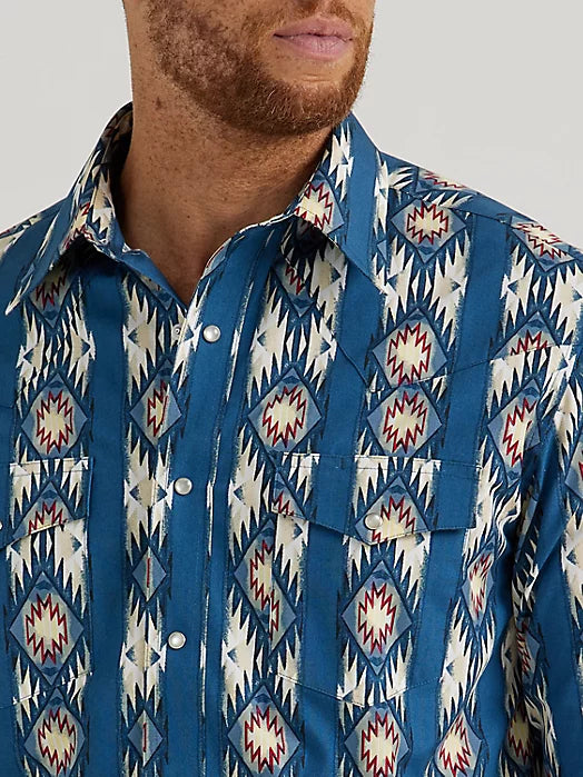 Wrangler Men's Long Sleeve Shirt - Checotah Print in Deep Turquoise