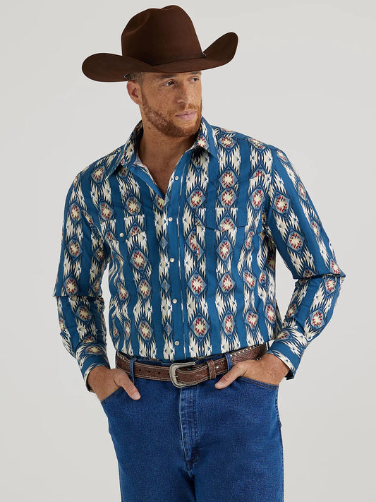 Wrangler Men's Long Sleeve Shirt - Checotah Print in Deep Turquoise