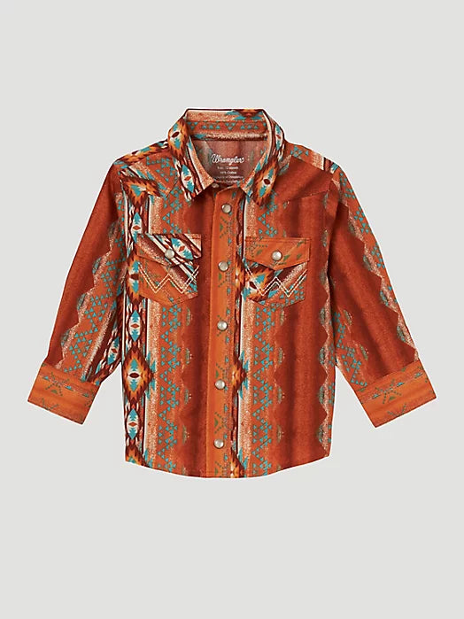 Wrangler Boy's Long Sleeve Shirt Checotah Print Snap Front in Rust