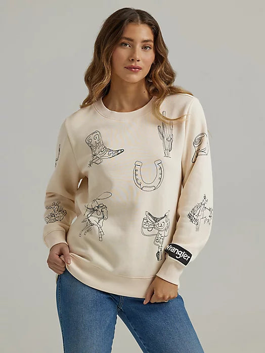 Wrangler Women's Sweatshirt - Cream with Cowboy Icons