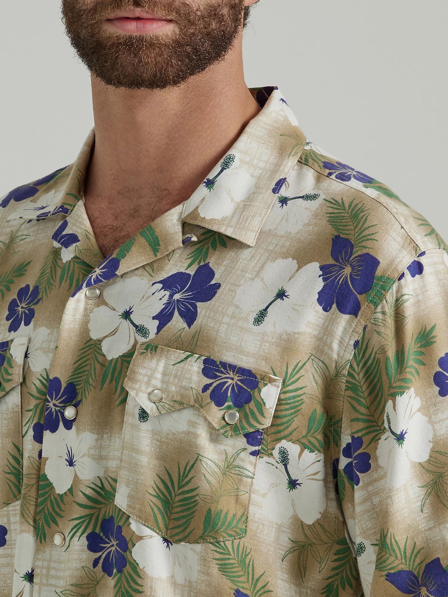 Wrangler Men's Coconut Cowboy Camp Shirt with Hibiscus Flowers on Tan