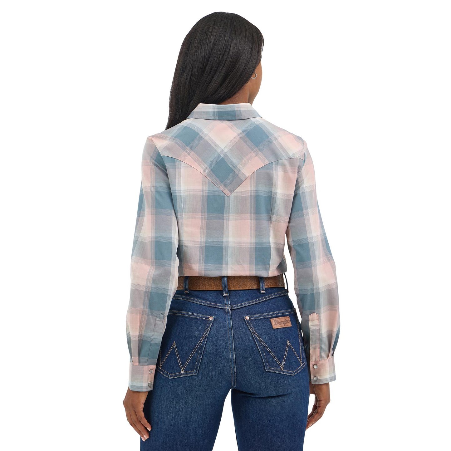 Wrangler Women's Long Sleeve Essential Top - Pink and Teal Plaid
