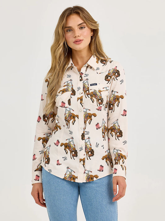 Wrangler Women's Bold Bucking Cowboy Western Snap Shirt