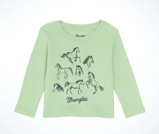 Wrangler Girl's Long Sleeve Western Graphic Tee - Mint Green with Horses
