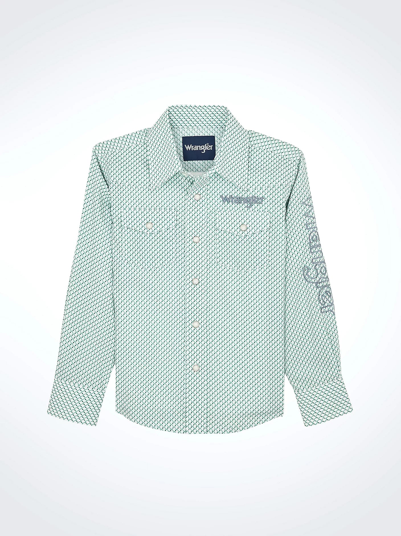 Wrangler Boy's Logo Long Sleeve Green & White Western Snap Shirt