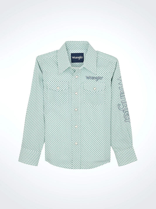Wrangler Boy's Logo Long Sleeve Green & White Western Snap Shirt