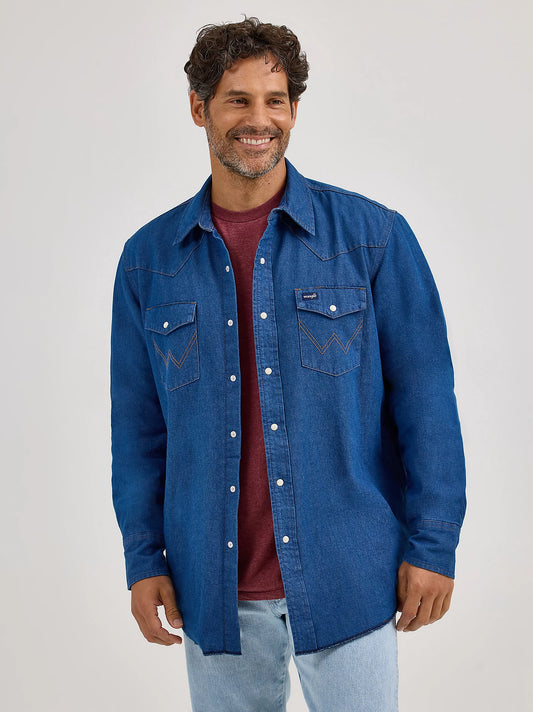 Wrangler Men's Long Sleeve Flannel Lined Solid Blue Denim Work Shirt