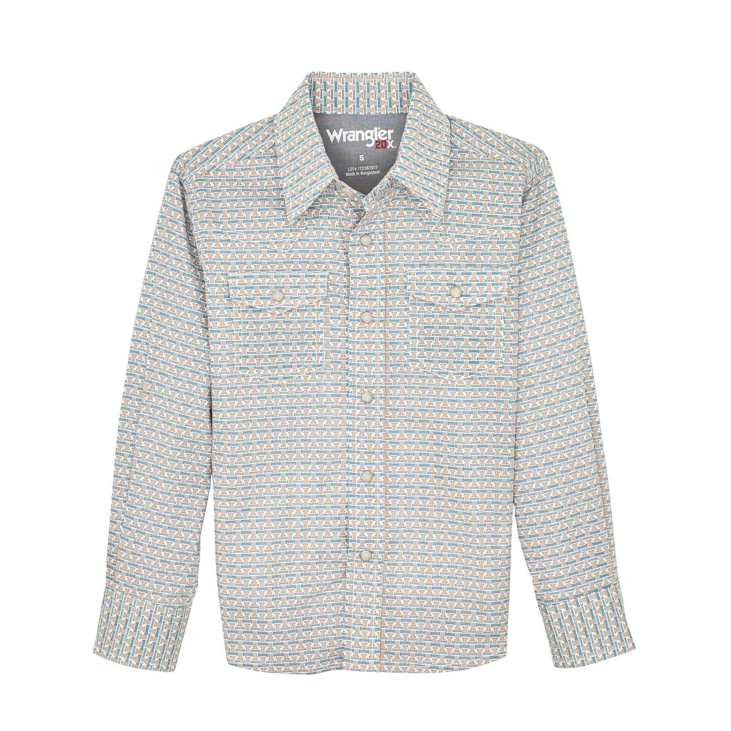 Wrangler Boys 20X Advanced Comfort Long Sleeve Shirt - Rustic Brown & Teal Print