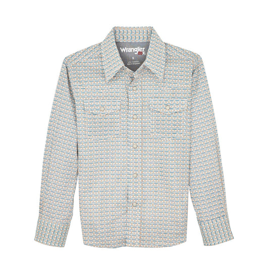 Wrangler Boys 20X Advanced Comfort Long Sleeve Shirt - Rustic Brown & Teal Print
