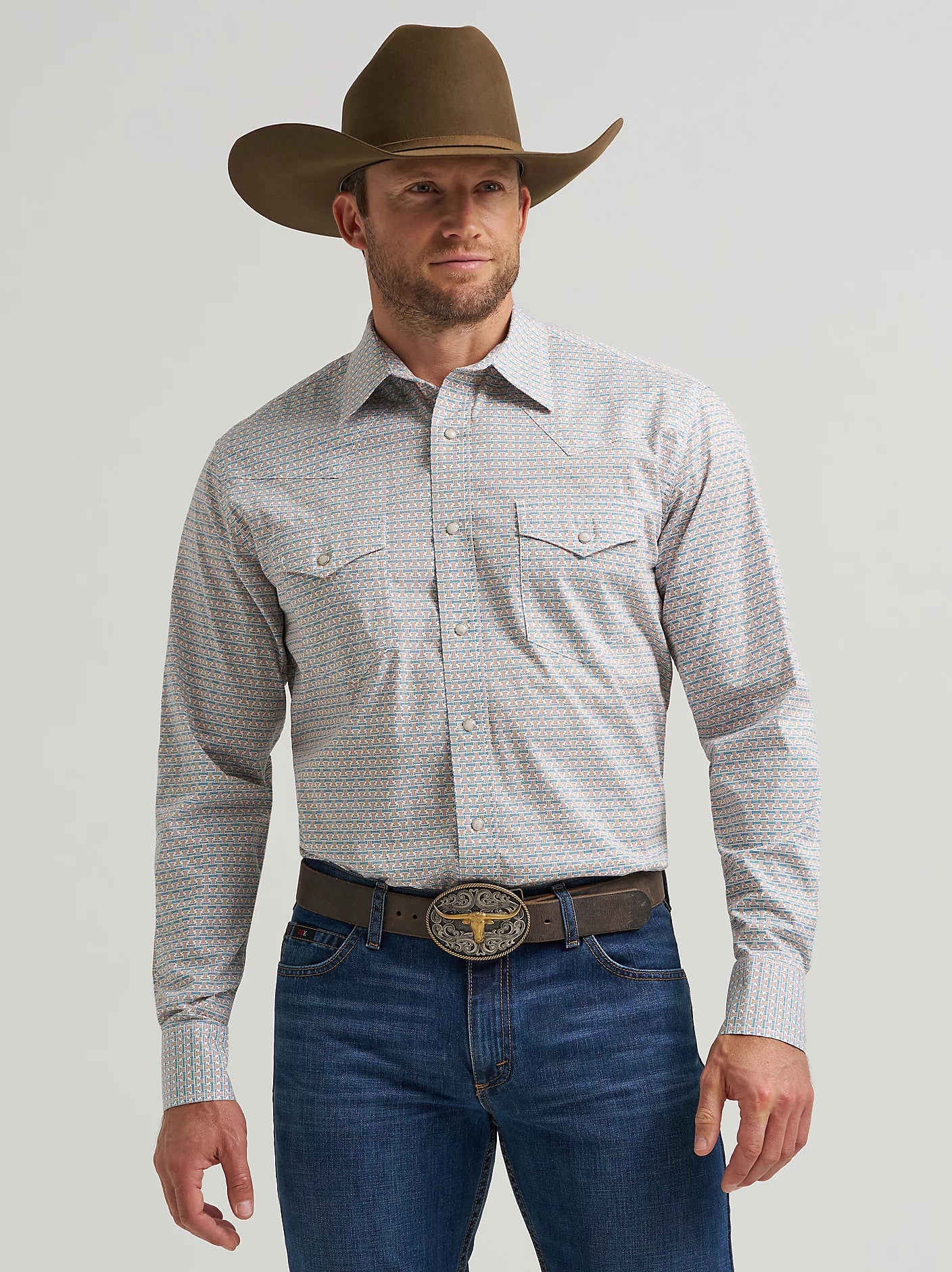 Wrangler Men's 20X Competition Advanced Comfort Long Sleeve Western Snap Teal & Brown PrintShirt