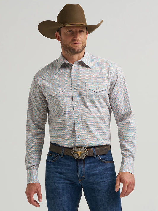 Wrangler Men's 20X Competition Advanced Comfort Long Sleeve Western Snap Teal & Brown PrintShirt