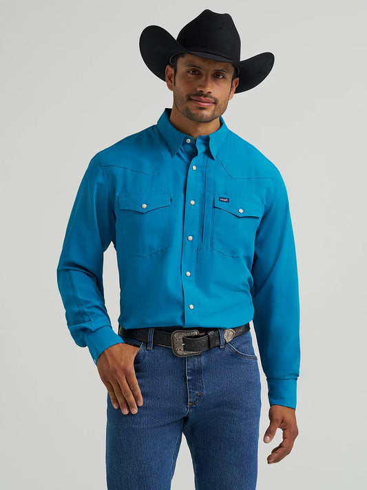 Wrangler Men's Performance Snap Long Sleeve Solid Teal Shirt