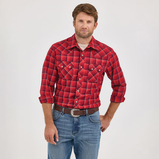 Wrangler Men's Long Sleeve Retro Red Plaid Modern Fit Shirt