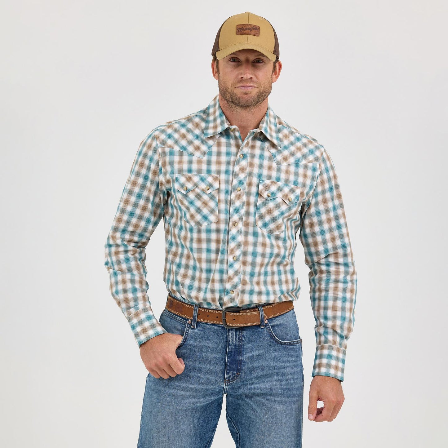 Wrangler Men's Retro® Long Sleeve Sawtooth Snap Pocket Western Shirt - Green & Tan Plaid