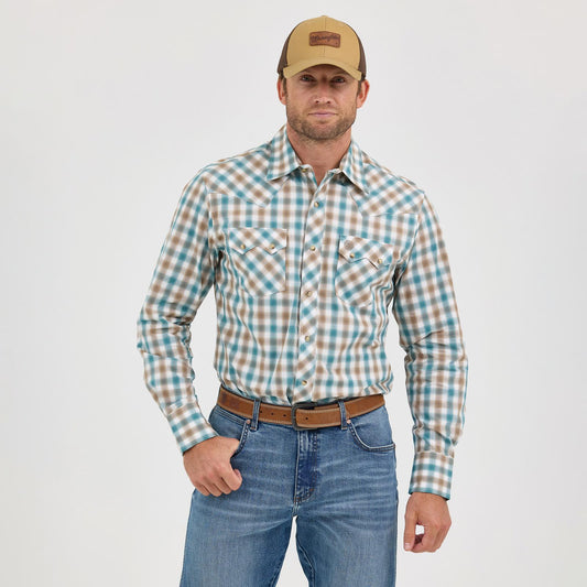 Wrangler Men's Retro® Long Sleeve Sawtooth Snap Pocket Western Shirt - Green & Tan Plaid