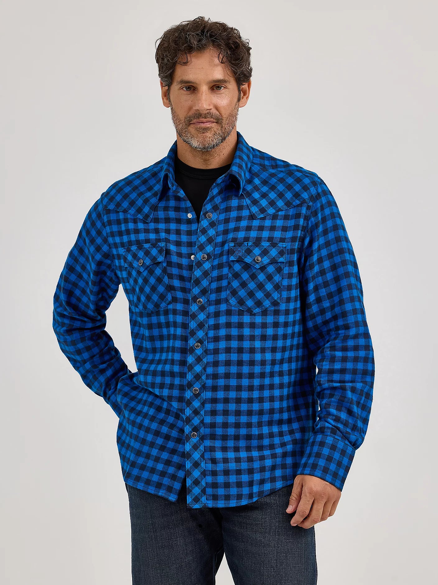 Wrangler Men's Retro Long Sleeve Flannel Western Snap Buffalo Blue Check Shirt