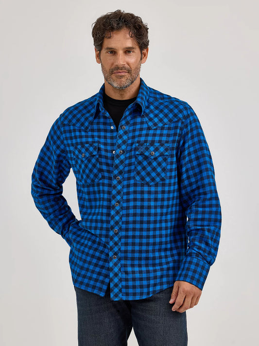 Wrangler Men's Retro Long Sleeve Flannel Western Snap Buffalo Blue Check Shirt