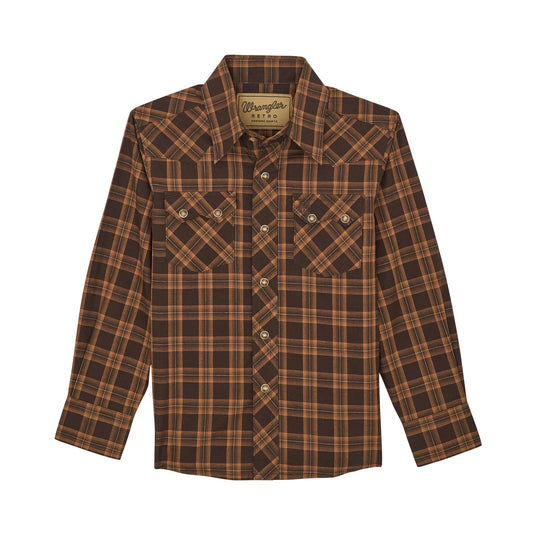 Wrangler Boys Retro Long Sleeve Shirt - Brown Plaid