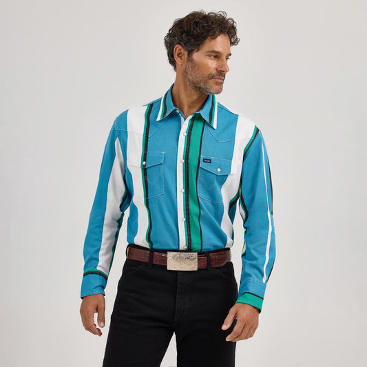 Wrangler Men's Long Sleeve Vintage Inspired Classic Fit Blue Multi Stripe Shirt