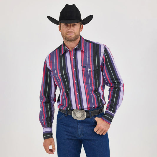 Wrangler Men's Long Sleeve Vintage Inspired Classic Fit Purple Multi Stripe Shirt