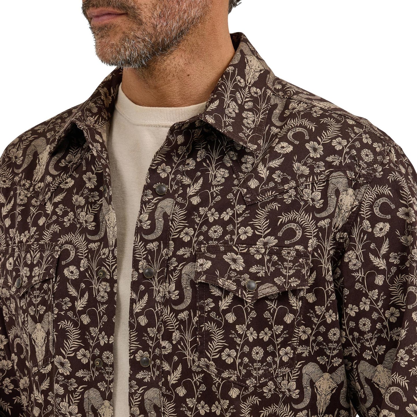 Wrangler Men's Long Sleeve Retro Premium Brown Print Modern Fit Shirt