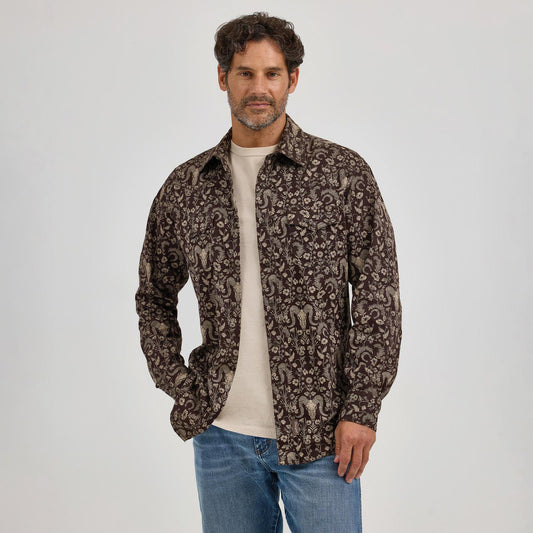 Wrangler Men's Long Sleeve Retro Premium Brown Print Modern Fit Shirt