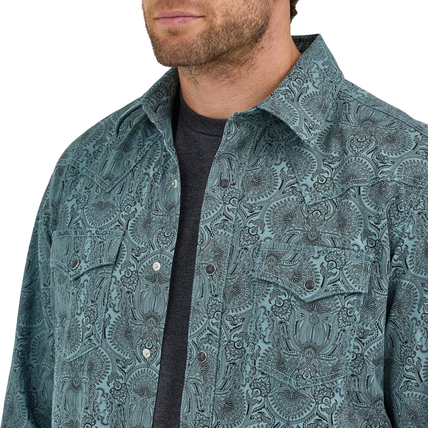 Wrangler Men's Long Sleeve Retro Premium Pine & Black Print Modern Fit Shirt