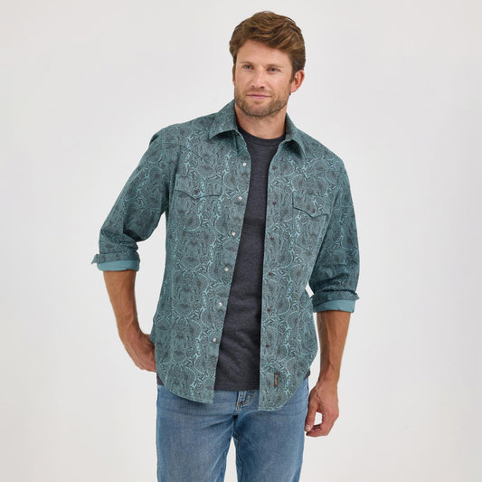 Wrangler Men's Long Sleeve Retro Premium Pine & Black Print Modern Fit Shirt