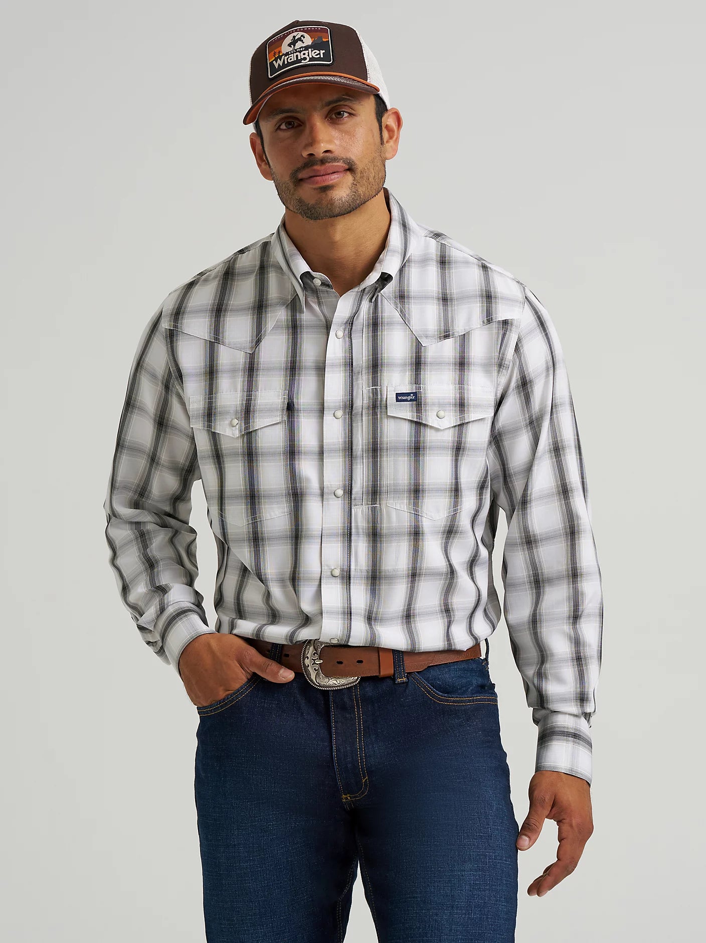 Wrangler Men's Performance Snap Long Sleeve Shadow Gray Plaid Shirt