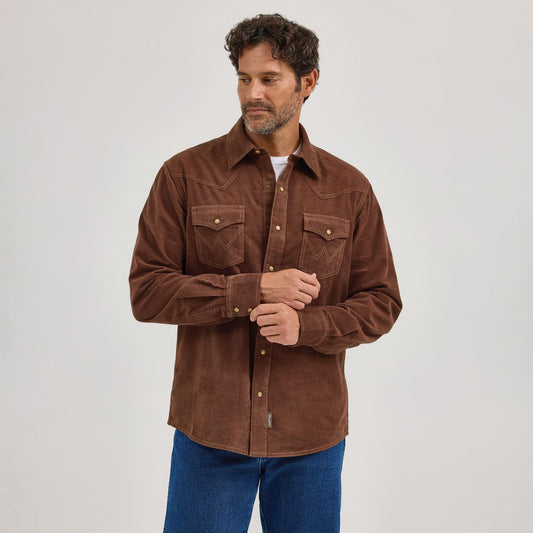 Wrangler Men's Long Sleeve Retro Brown Corduroy Modern Fit Shirt