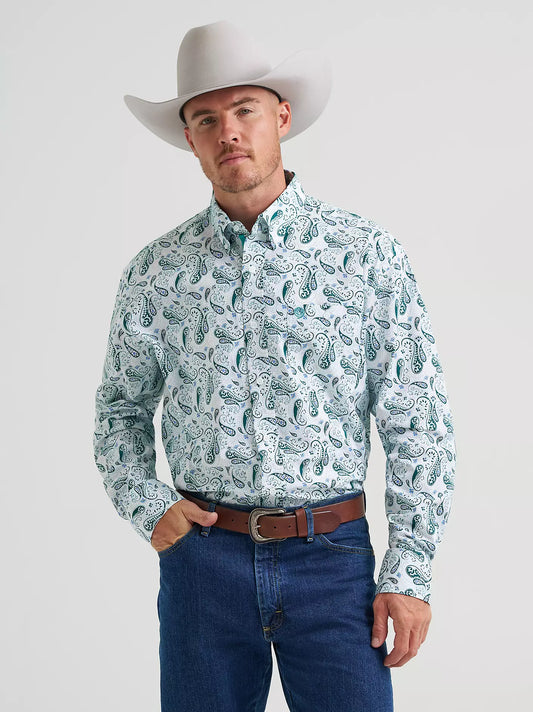 Wrangler Men's George Strait Long Sleeve Button Down One Pocket Paisley Print Shirt