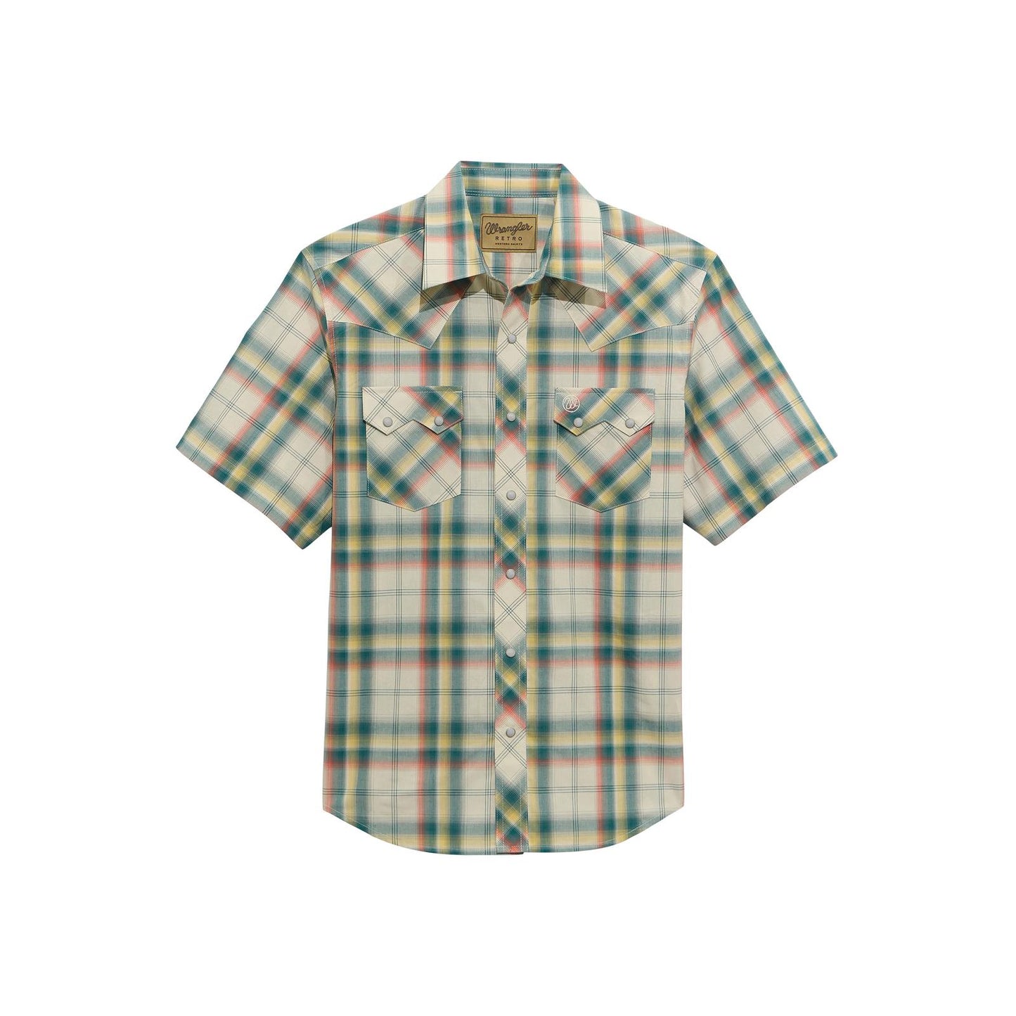 Wrangler Men's Retro Short Sleeve Ecru and Green Plaid Shirt