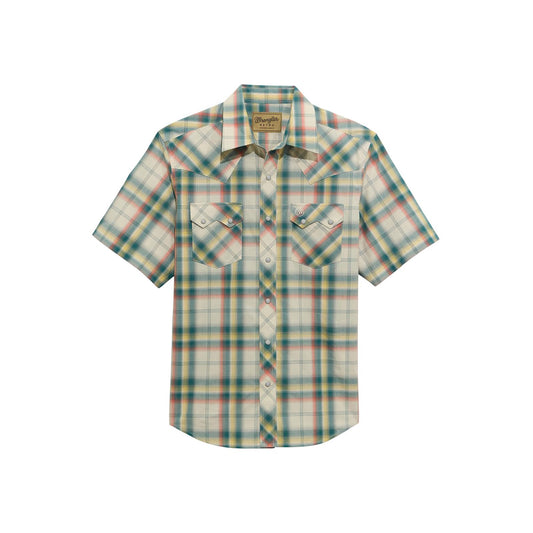 Wrangler Men's Retro Short Sleeve Ecru and Green Plaid Shirt