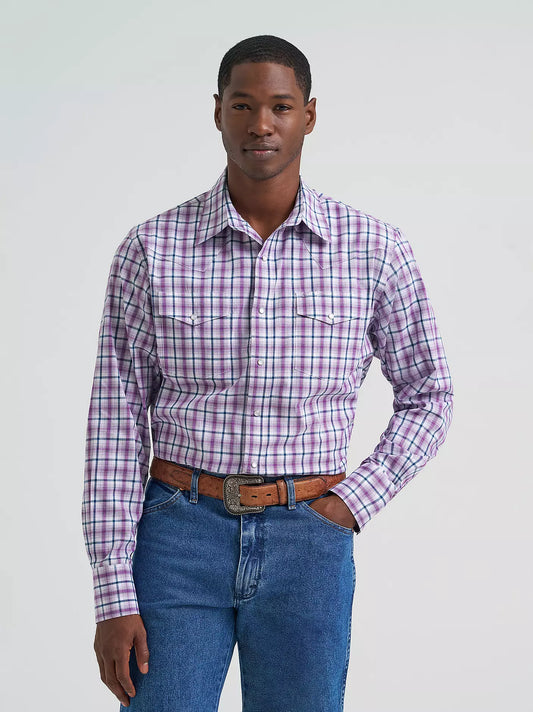 Wrangler Men's Wrinkle Resist Long Sleeve Western Snap Violet Plaid Shirt