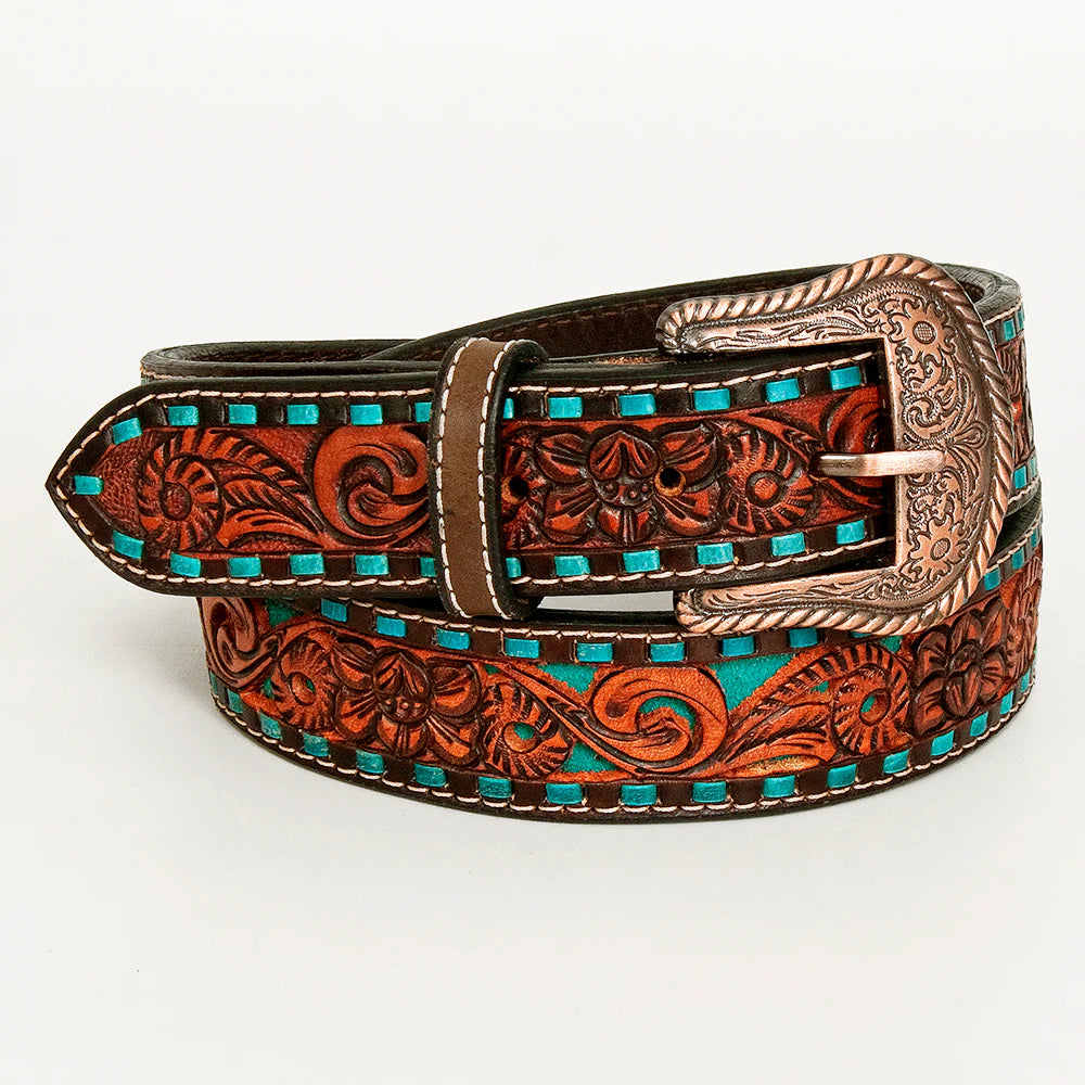 Bar H Equine Turquoise Buckstitch Floral Hand Carved Western Leather Belt