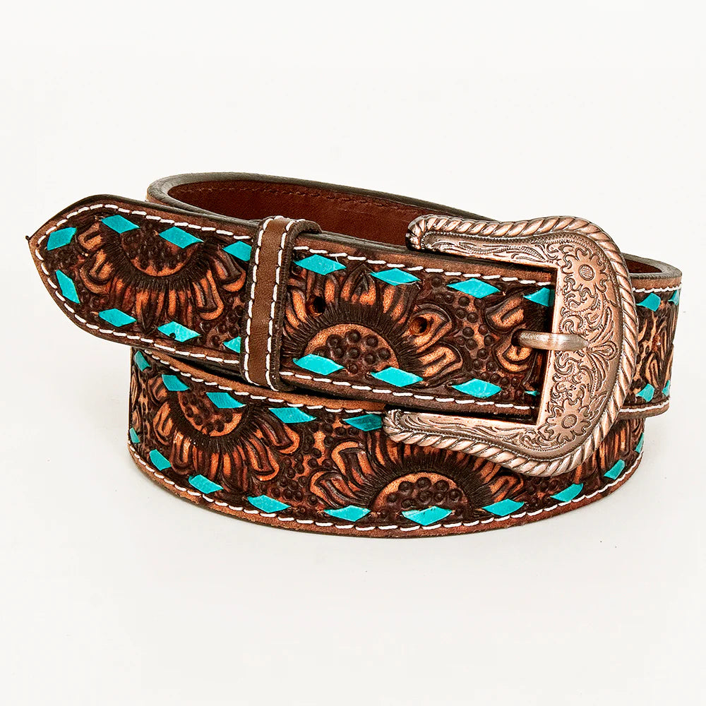 Bar H Equine Turquoise Sunflower Floral Hand Carved Brown Leather Belt