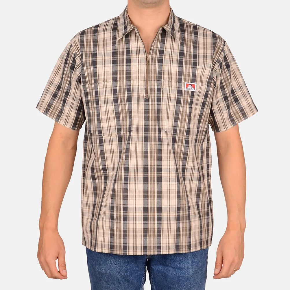 Ben Davis Men's Short Sleeve Shirt - Plaid 1/2 Zip Shirt - Khaki and Grey