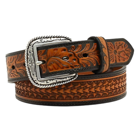 Ariat Embossed Floral Tabs Belt, 1-1/2", Black and Tan