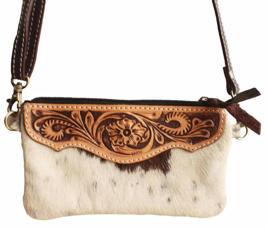 Challenger Cowhide Hand-Tooled Tan Leather Small Crossbody Shoulder Bag