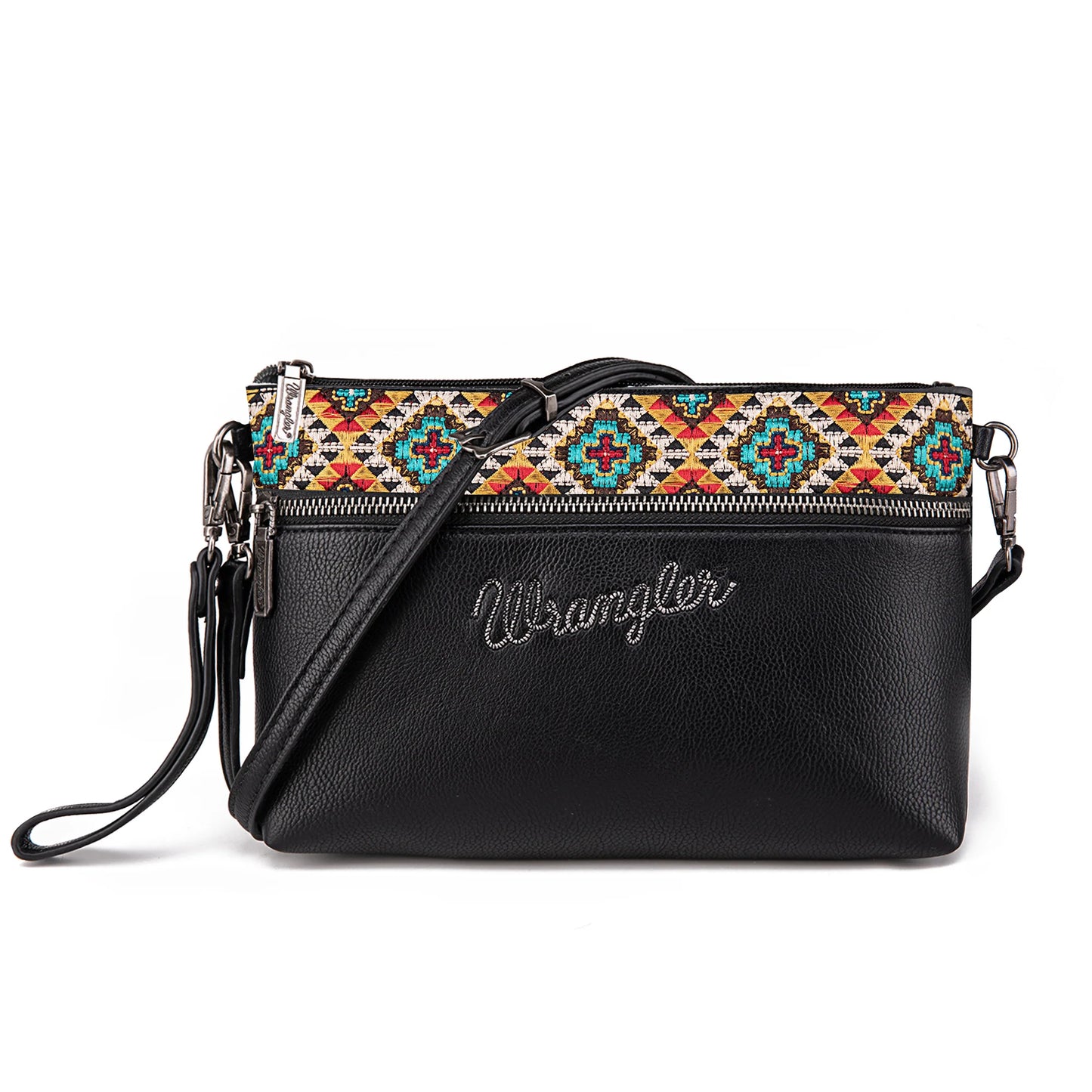 Wrangler Aztec Embroidered Crossbody Bag in Black