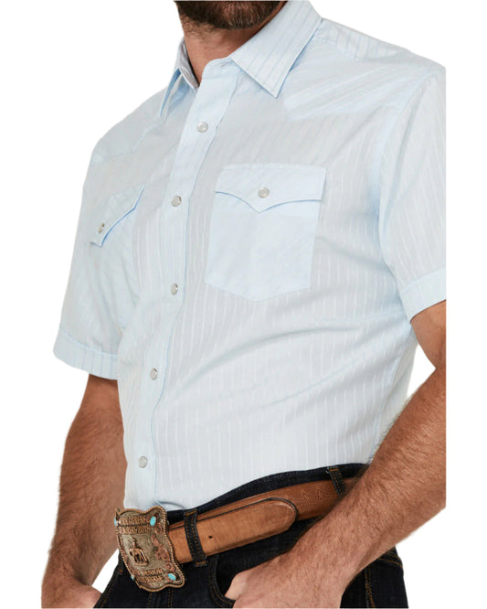 Rodeo Clothing Men's Short Sleeve Shirt - Blue Tonal Satin Stripe