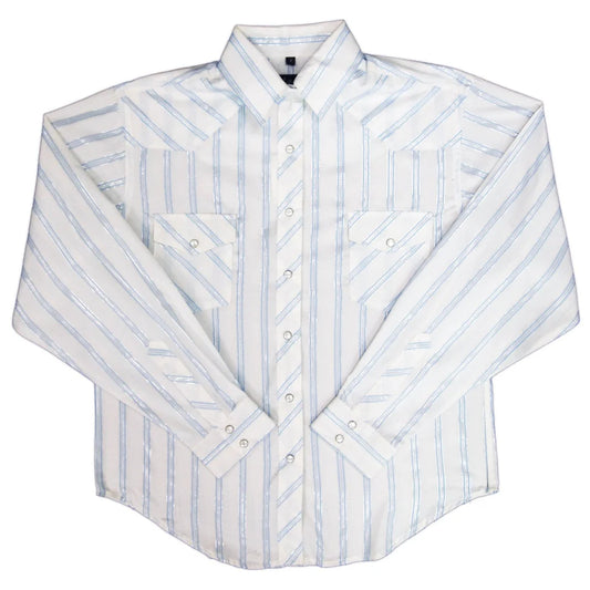 White Horse Women's Long Sleeve Shirt - White, Blue & Silver Stripe