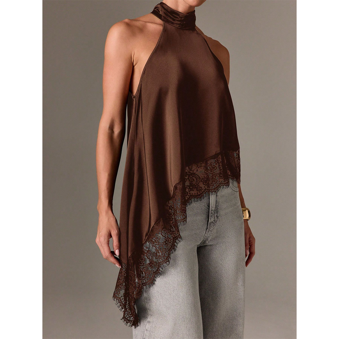 UNISHE - Sleeveless Satin Lace Trim Halter Cami Top Brown