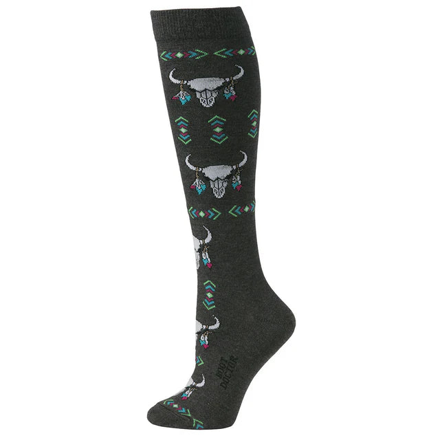 Boot Doctor Women's Over-the-Calf Cow Skull Head Socks - Grey
