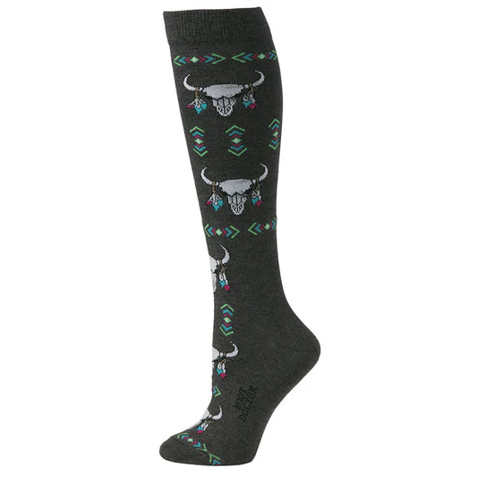 Boot Doctor Women's Over-the-Calf Cow Skull Head Socks - Grey